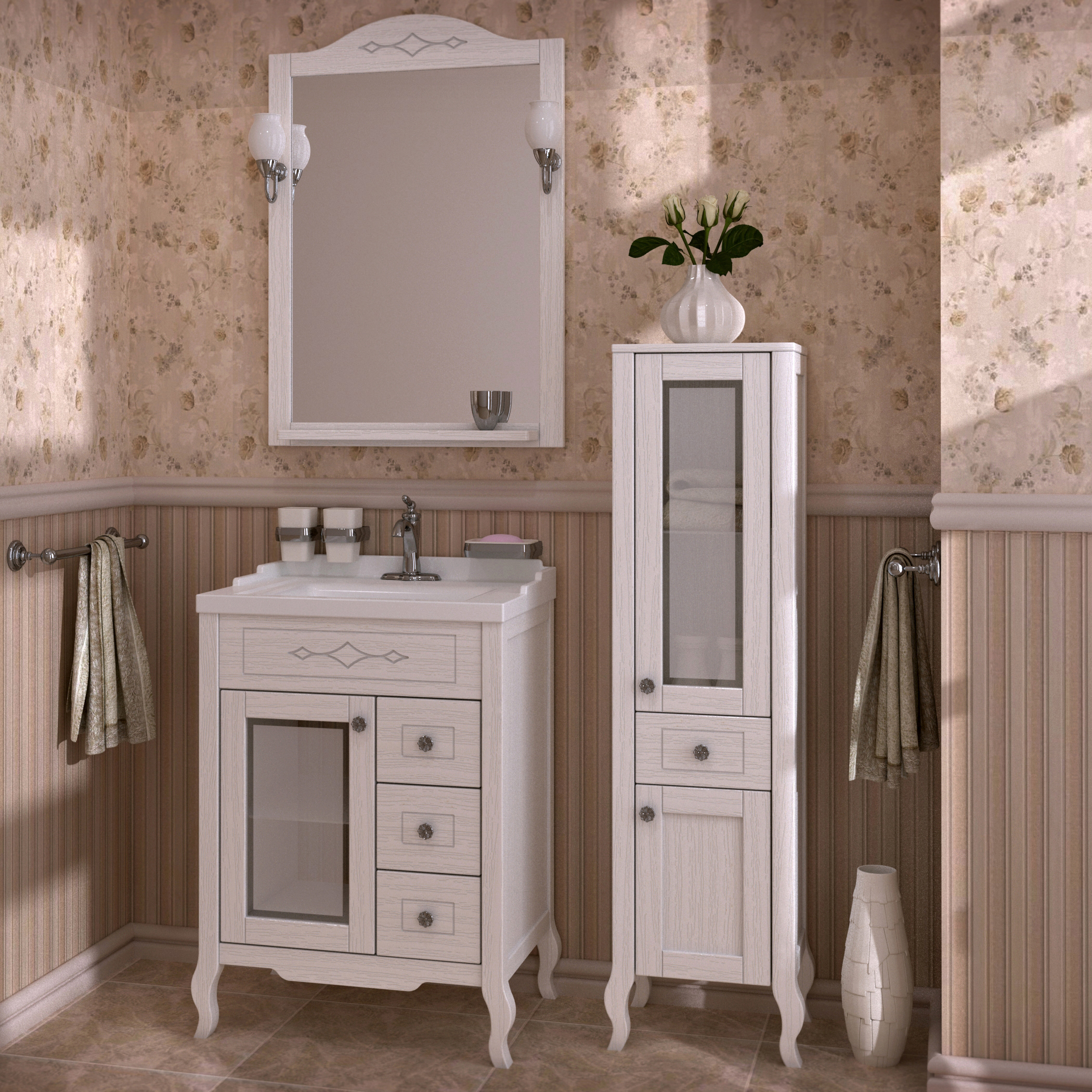 Мебель для ванной ASB-Mebel Флоренция Квадро 60 Массив ясеня белая патина серебро витраж