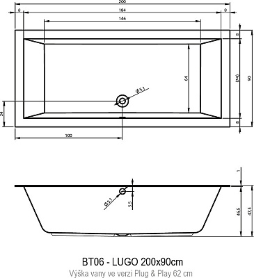 Акриловая ванна RIHO Lugo Plug & Play L 200x90