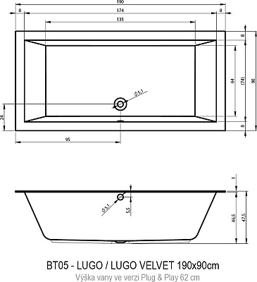 Акриловая ванна RIHO Lugo Plug & Play L 190x90
