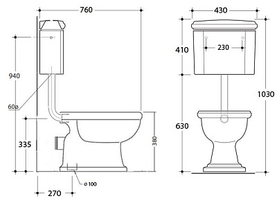 Унитаз приставной с бачком и механизмом смыва бронза Tiffany World Bristol