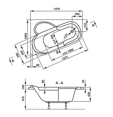 Акриловая ванна VAGNERPLAST SELENA 147 (R)