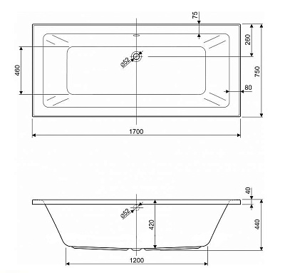 Акриловая ванна CEZARES Plane 170x75